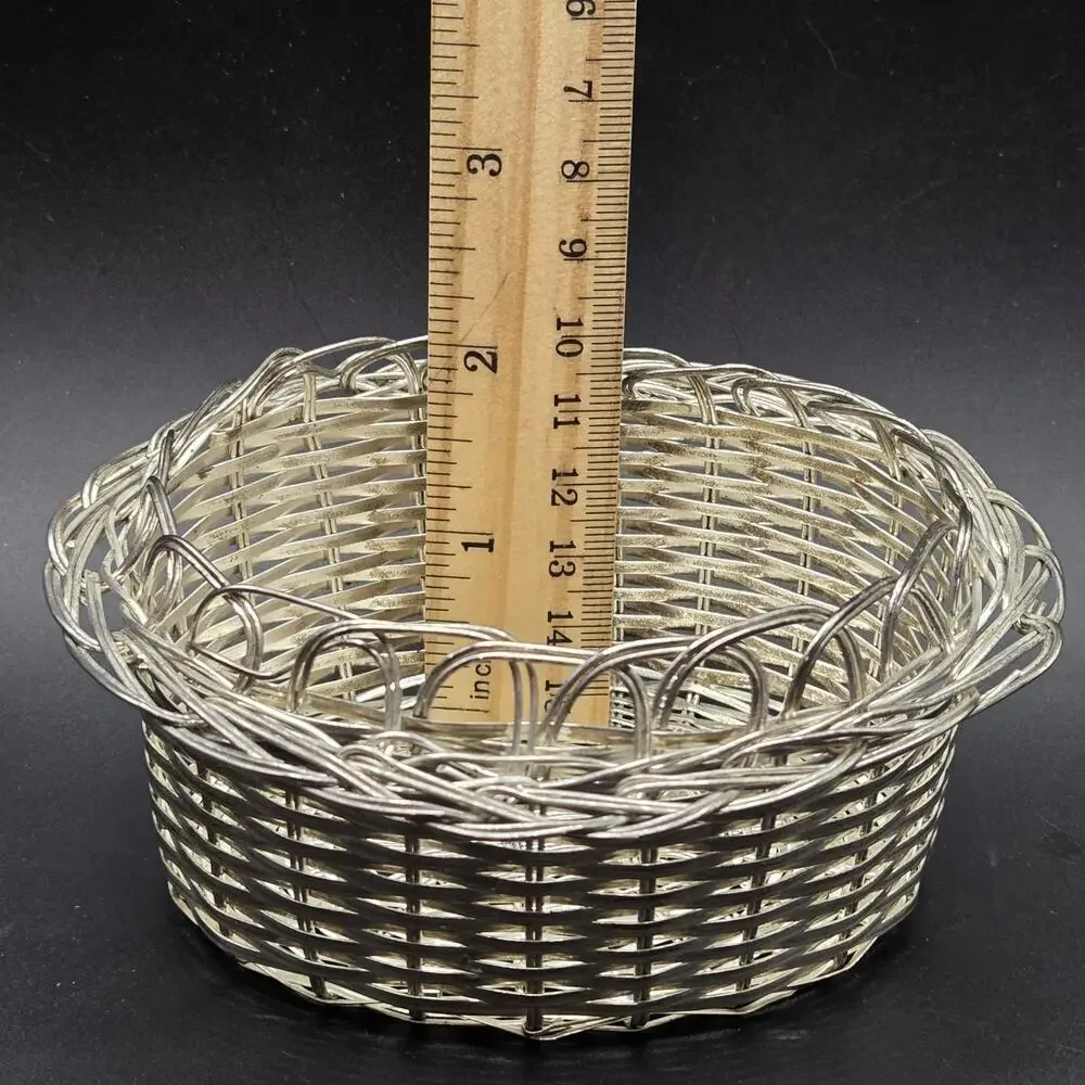 Vintage Silver Plated Woven Wire Basket Intricate Open Weave 4.5